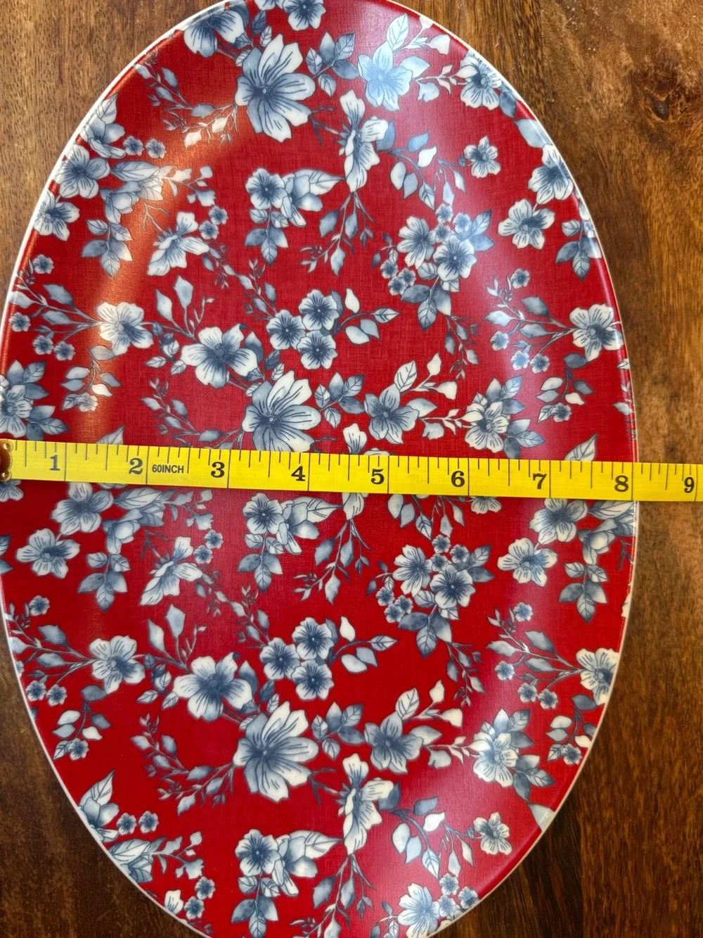Sur La Table Red Oval Floral Serving Platter with Blue Flowers